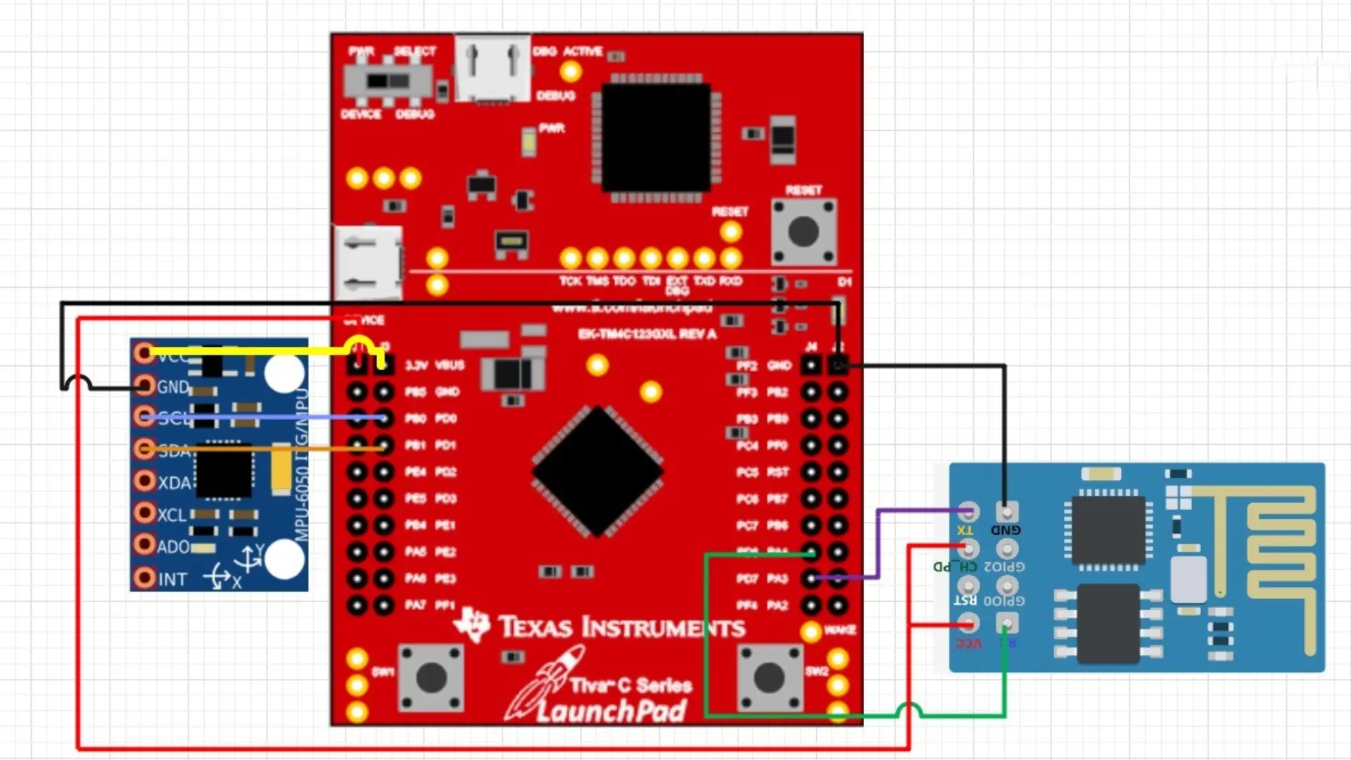 TM4C123 microcontroller board and ESP32 communication module used in gesture controlled robotic car project